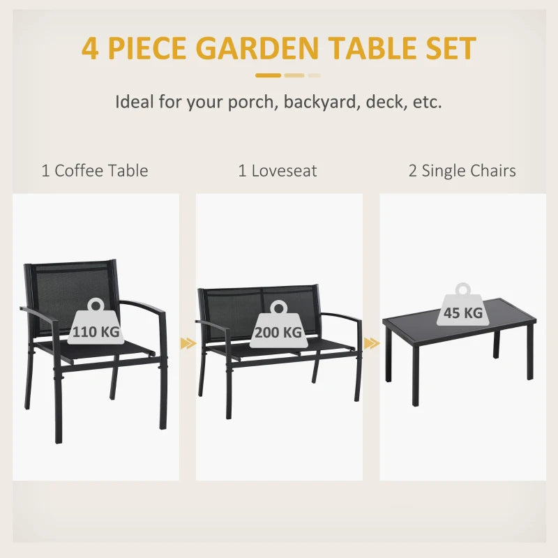 4-Piece Patio Furniture Set with Glass Top Coffee Table, Breathable Mesh Seat & Backrest for Garden, Balcony, Black