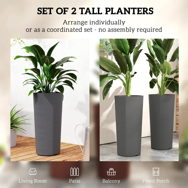 24" Tall Planters Set of 2, Indoor Outdoor Plastic Flower Pots with Inner Bucket and Drainage Holes, Dark Gray
