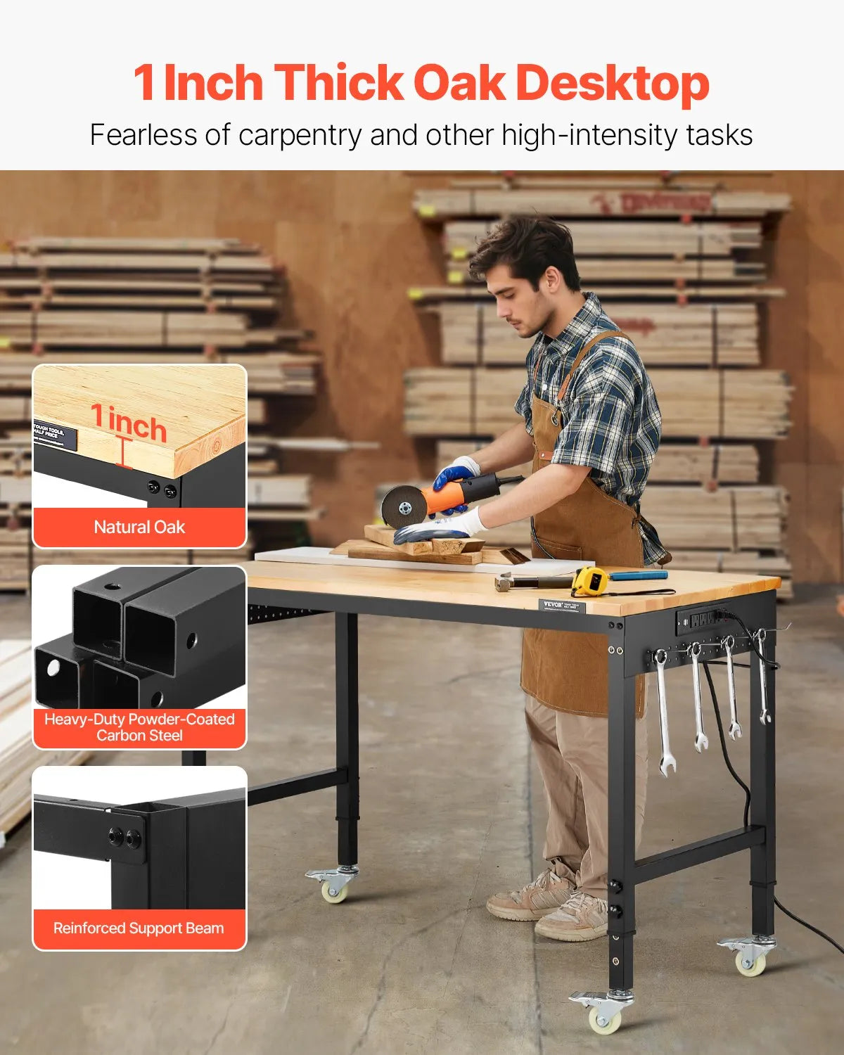 VEVOR 48" Workbench on Wheels Adjustable Height Table with Power Outlet & Pegboard