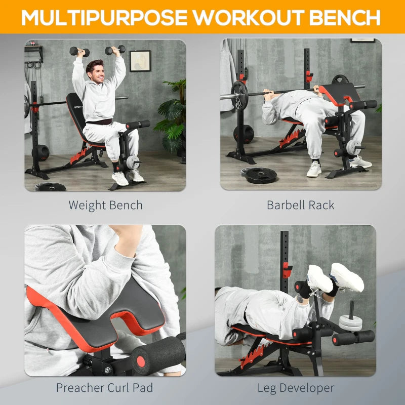 Soozier Adjustable Weight Bench with Squat Rack, Preacher Curl Pad and Leg Developer, Home Gym Bench for Full Body Workout