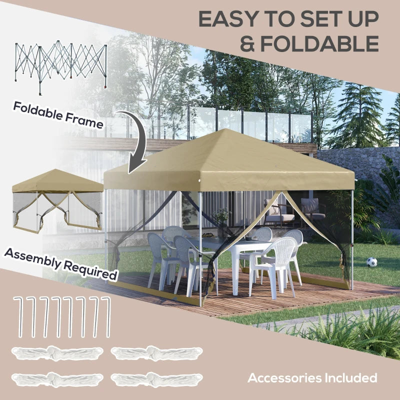 10' x 10' Pop-Up Party Tent UPF50+ Outdoor Canopy Tent with Mesh Sidewalls, 3-Level Adjustable Height, Roller Bag, Khaki