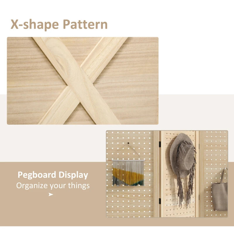 4.7' 3 Panel Wooden Room Divider with Pegboard Display, Folding Privacy Screen for Home Office, Natural