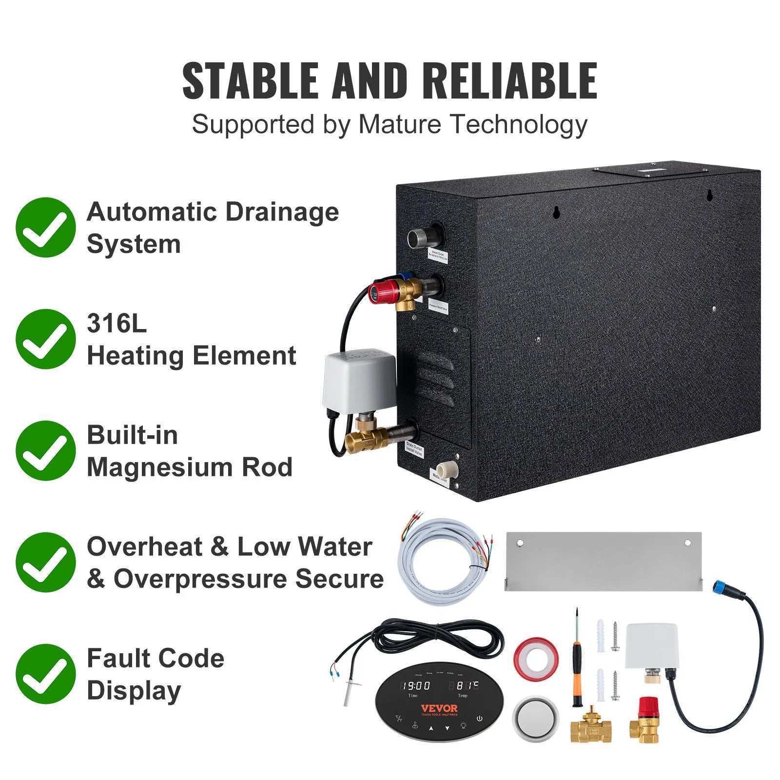 VEVOR 12KW Steam Shower Generator, Segmented Heating & Temperature Customization & 24h Timer Steam Kit, Automatic Drainage Home Steam Shower System