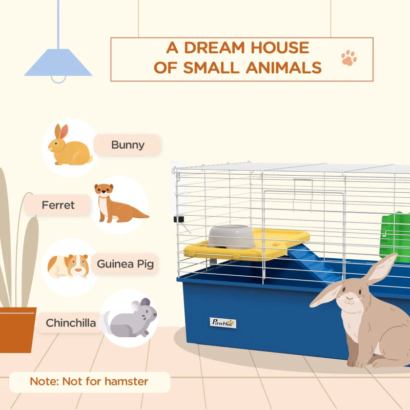 18.5" Small Animal Cage with Water Bottle, Food Dish, Platform, Ramp, Blue