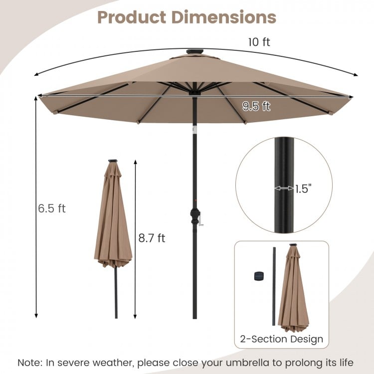 10 Feet Solar Patio Umbrella with 96 Multi-Colored Flowing LED Lights and Tilt Adjustment-Beige