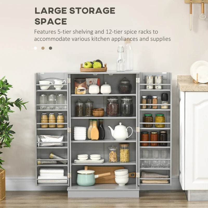 41" Storage Cabinet, 2-Door Kitchen Pantry Cabinet with 5-tier Shelving, 12 Spice Racks and Adjustable Shelves, Grey
