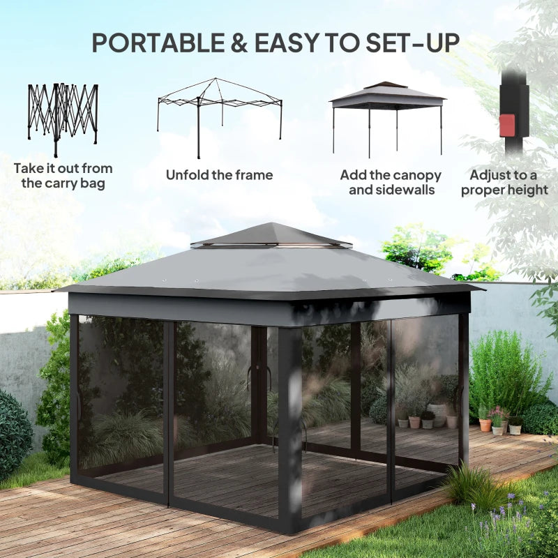 10.7 x 10.7ft Pop Up Gazebo, Adjustable Instant Sun Shelter with UV30+ Roof Cover, Removable Mesh Curtains, Dark Grey