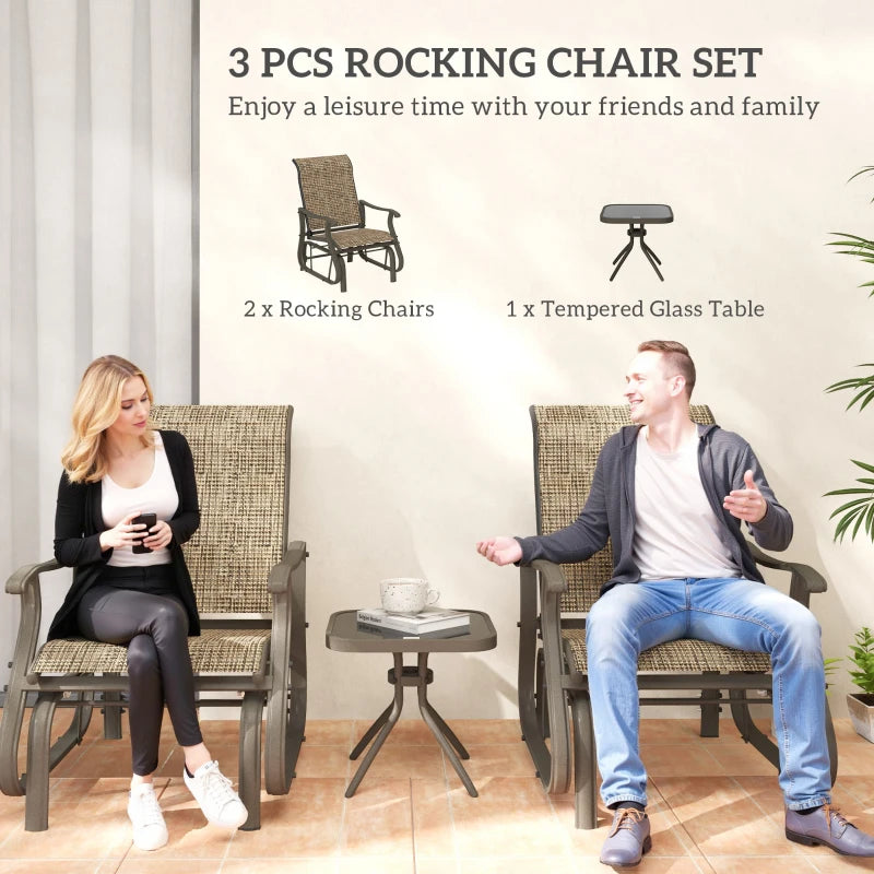 3PCs Gliding Rocking Chair & Bistro Tea Table Set, Brown