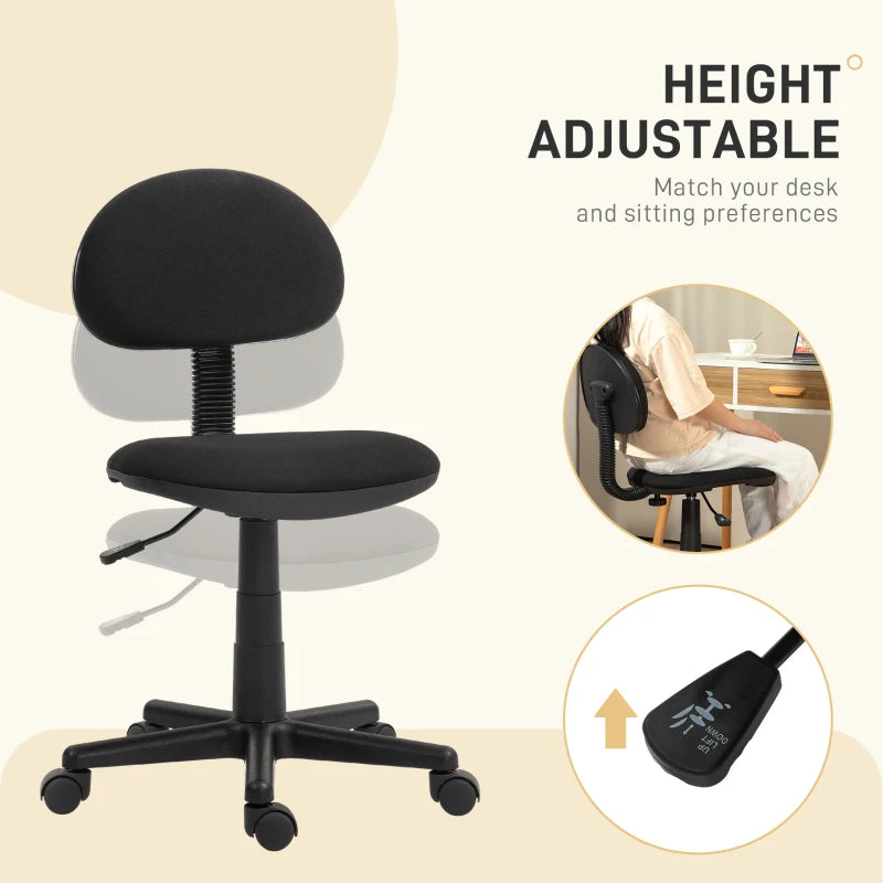 Small Desk Chair, Armless Office Chair with Adjustable Height, 360° Swivel Wheels, Low Back for Small Spaces, Black