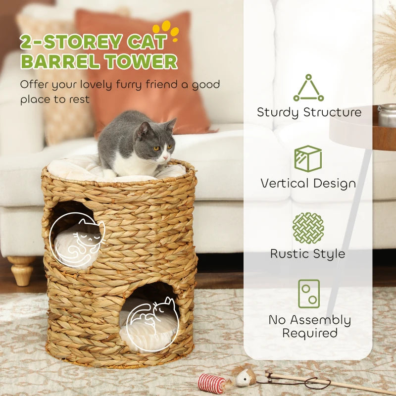2-Storey Cat Condo Barrel, Small Cat Tree Tower with Top Perch and 2 Hideaways, 2 Entrances, 3 Cushions, Light Brown