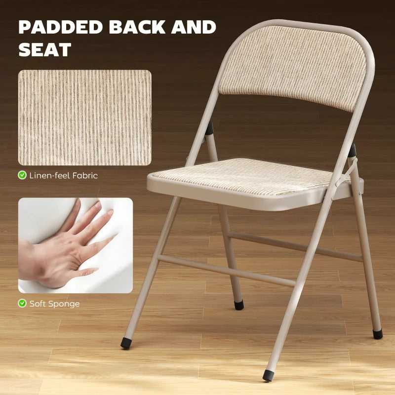 Set of 2 Metal Foldable Chairs, Linen Fabric Padded Folding Chairs with Cushion Seat and Open Back for Indoor, Beige