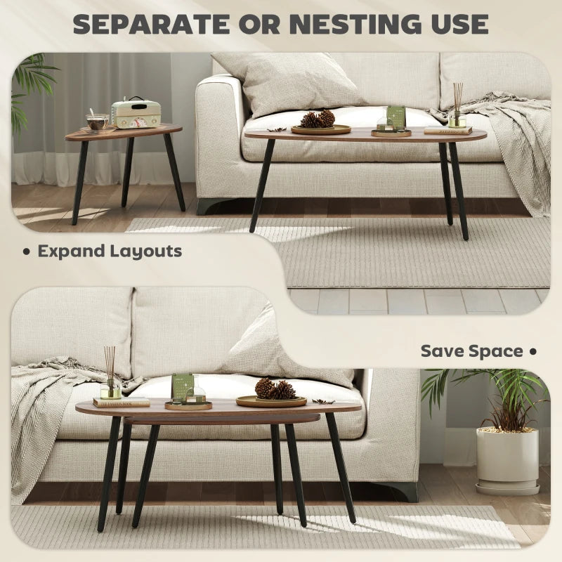 2 Pieces Coffee Table Set for Living Room, Industrial Nest of Tables with Steel Legs, Brown