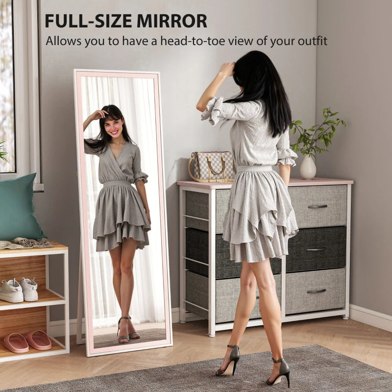 64" x 21" Full Length Mirror, Rectangular Full Body Mirror with Frame, Standing, Hanging or Leaning, White and Pink