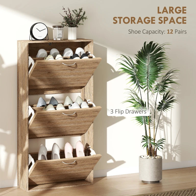 Shoe Storage Cabinet with 3 Flip Drawers, Narrow and Slim, 12 Pair of Shoes Organizer for Hallway, Entryway, Oak