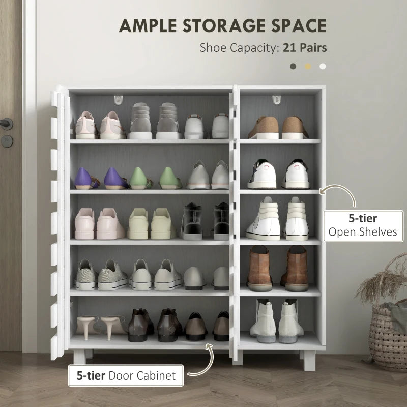 Shoe Cabinet, 21 Pair Shoe Storage Cabinet Organizer with 5-tier Double Door Cupboard and 5-tier Open Shelves, White