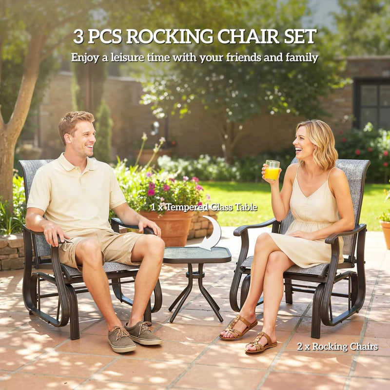 3PCs Gliding Rocking Chair & Bistro Tea Table Set, Grey