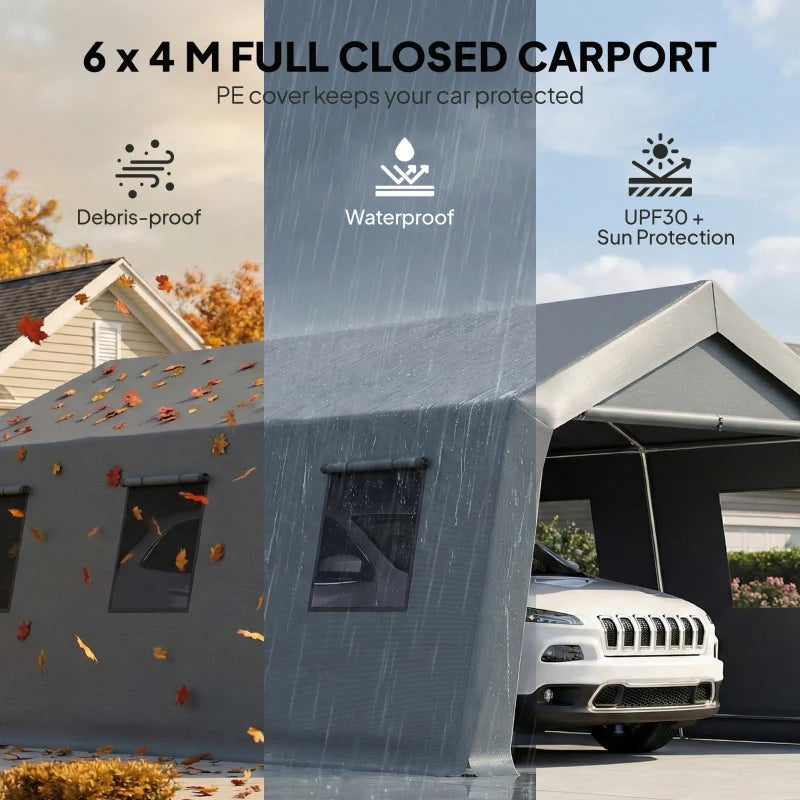 20 x 13 ft Carport, Portable Garage with Roll-Up Door and Windows, PE Canopy, Steel Frame, Dark Grey
