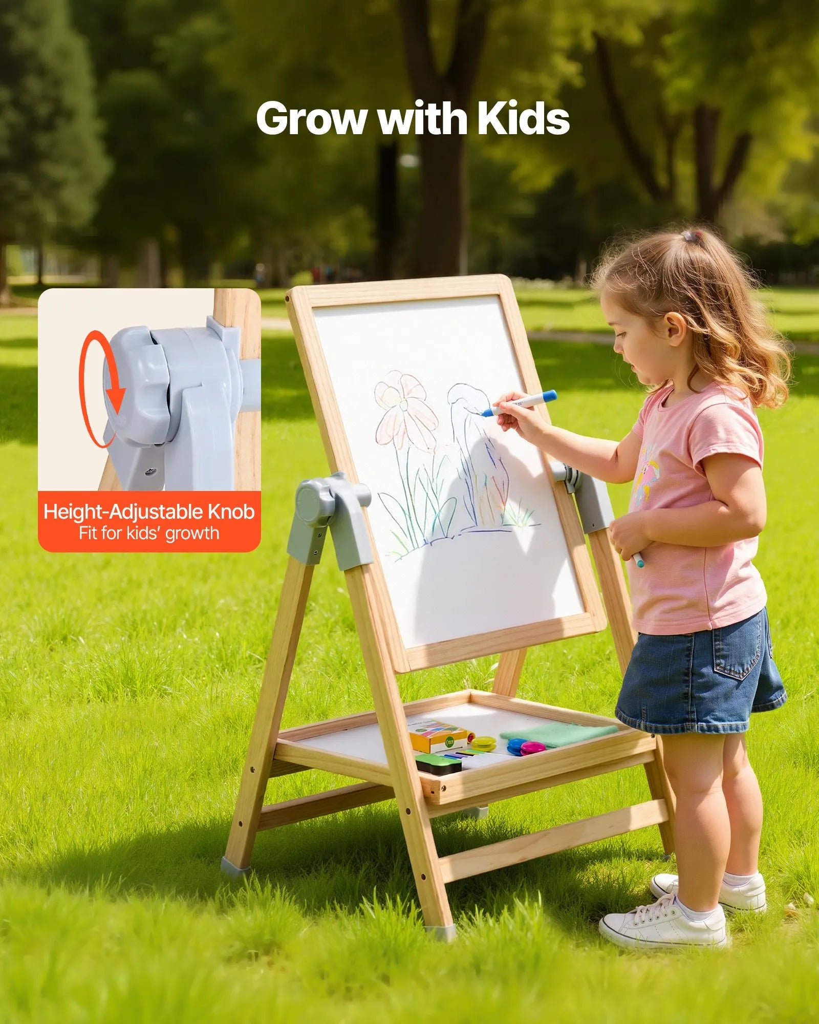 VEVOR 2-in-1 Kids Art Easel Double-Sided Wooden Magnetic Whiteboard Chalkboard