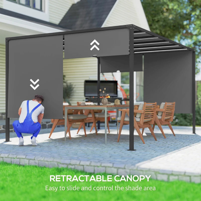 10' x 13' Outdoor Patio Pergola with Sliding Roof, LED Lights, Solar Powered for Garden, Lawn, Backyard, Dark Grey