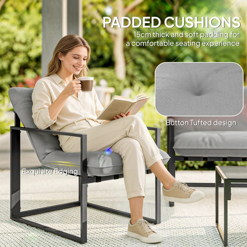 4 Piece Outdoor Furniture Set, Patio Conversation Set with Tempered Glass Table, Loveseat, Chairs, Cushions, Light Grey
