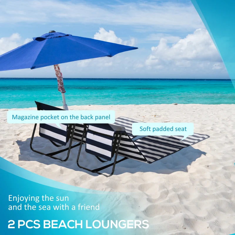 Set of 2 Foldable Lounge Chairs with Carry Bag, Adjustable Backrest, Blue and White