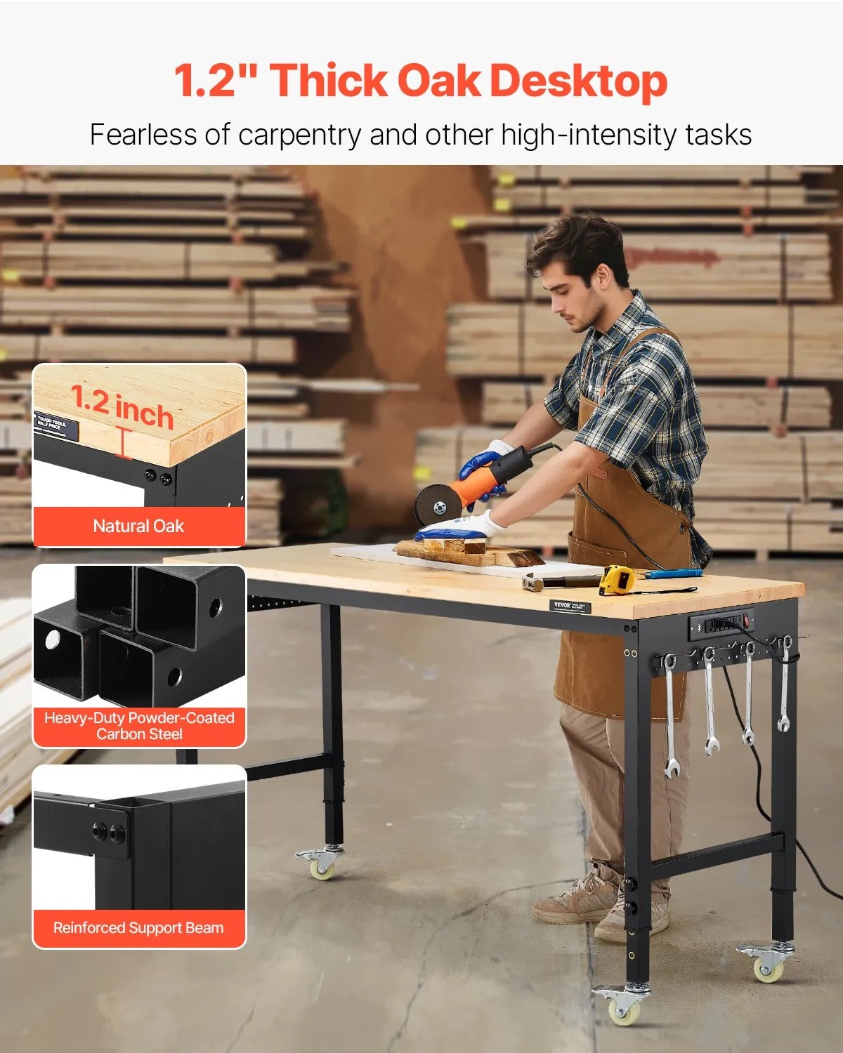 VEVOR 60" Workbench on Wheels Adjustable Height Table with Power Outlet & Pegboard