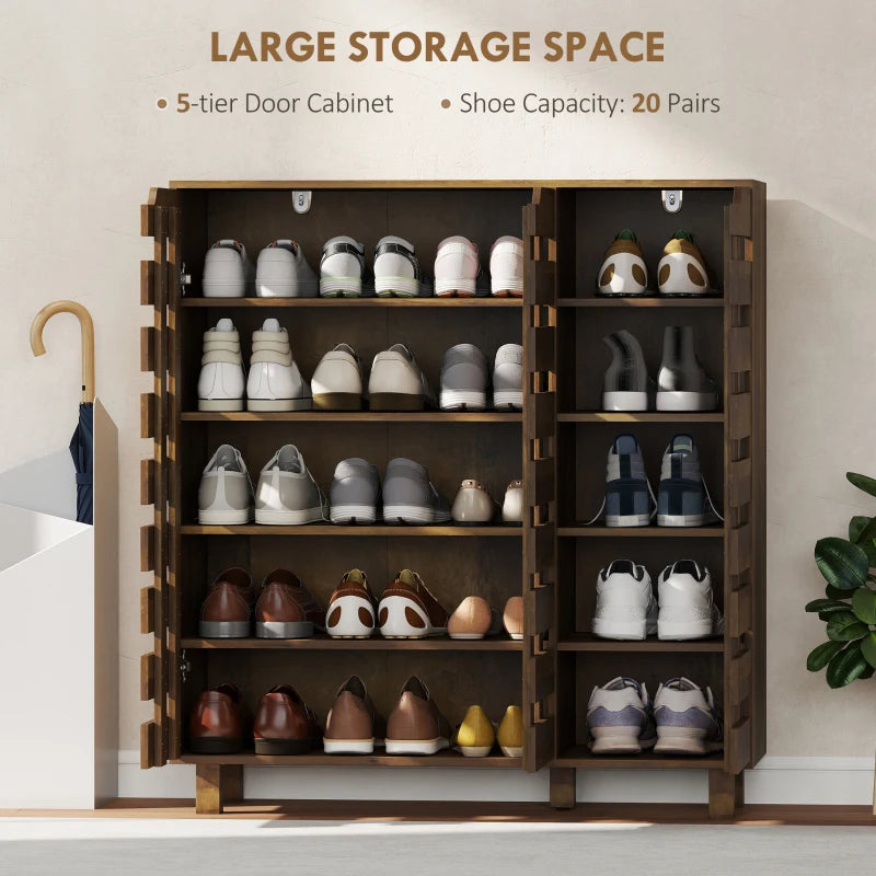 Shoe Cabinet, 20 Pair Shoe Storage Cabinet with Hollowed-Out Doors, Distressed Brown