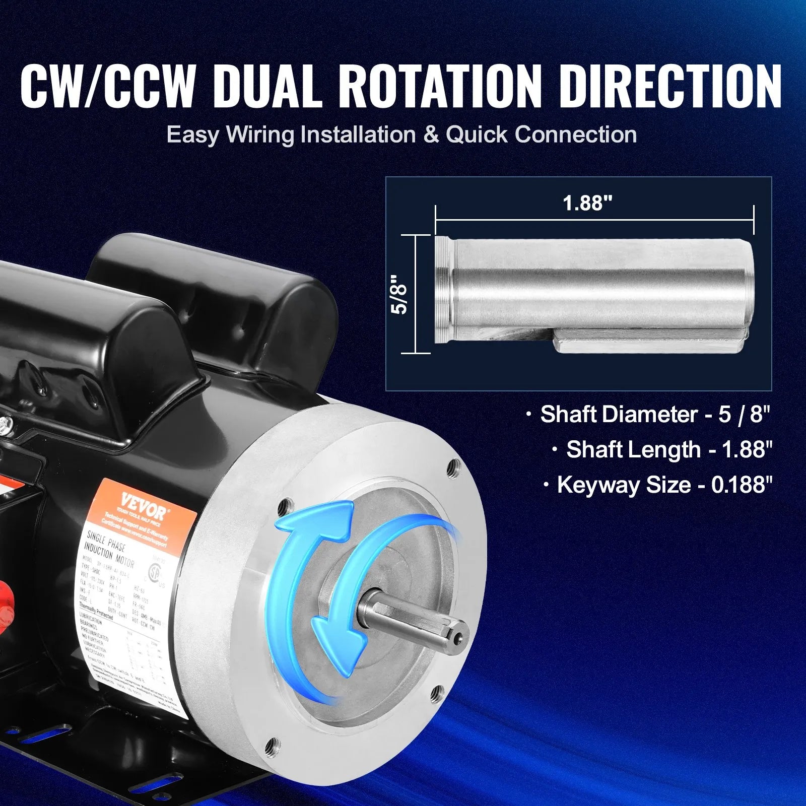 VEVOR 1.5HP Electric Motor 1725RPM AC115/230V 56C Frame 1-Phase 5/8" Keyed Shaft