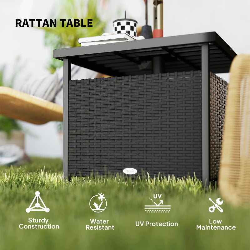 21.75" Outdoor Rattan Wicker Patio Coffee Table with Umbrella Hole, Patio Side Table with Slatted Metal Top, Black