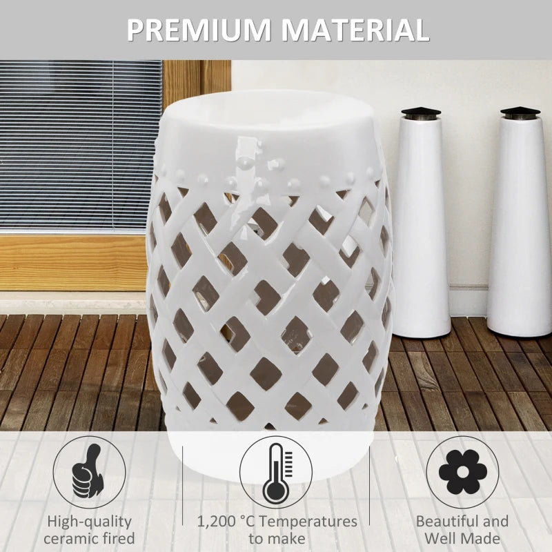 18" Ceramic Garden Stool with Woven Lattice Design, Indoor & Outdoor Decorative Accent Stool, White