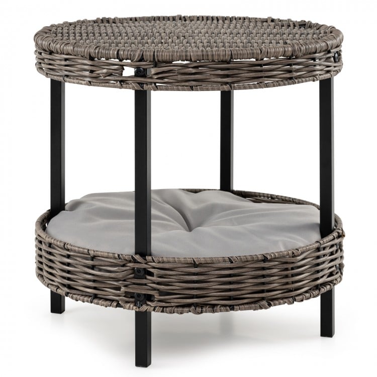 2-tier Rattan Cat Nest with Removable Padded Cushion-Gray