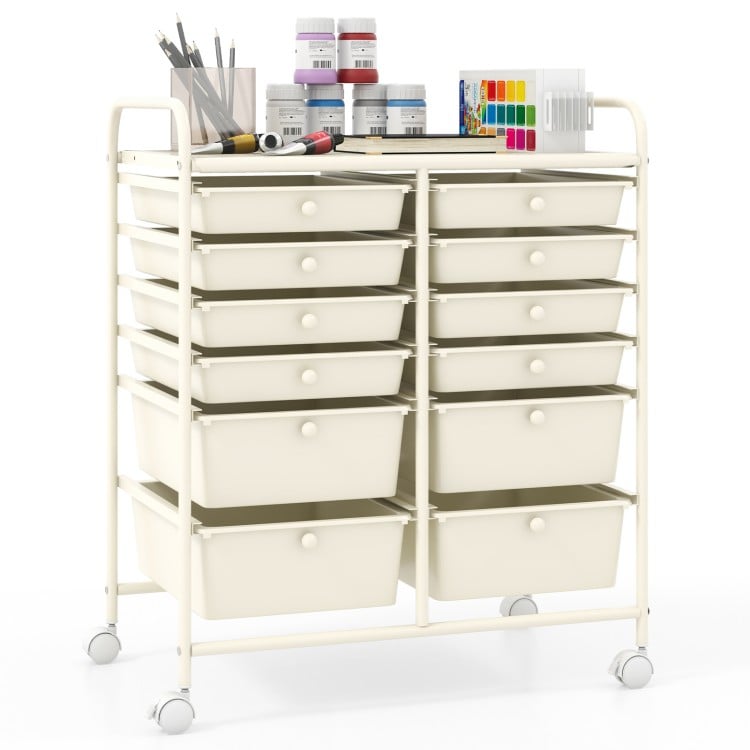 12-Drawer Rolling Storage Cart with Removable Drawers and Lockable Wheels-Beige