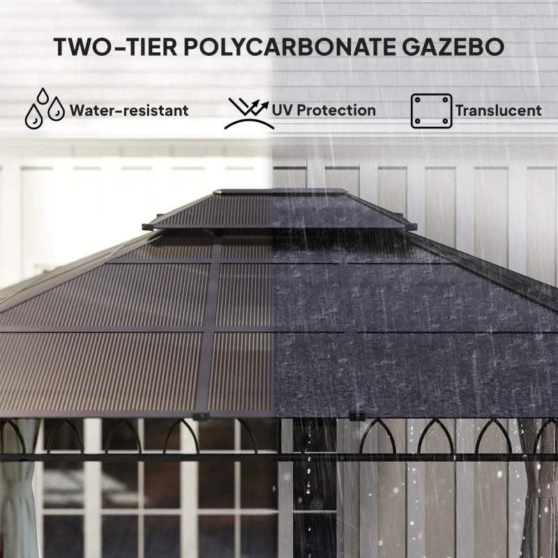 10' x 12' Outdoor Gazebo Canopy, Double Roof Hardtop Gazebo with Polycarbonate Roof, Steel Frame, Nettings and Curtains