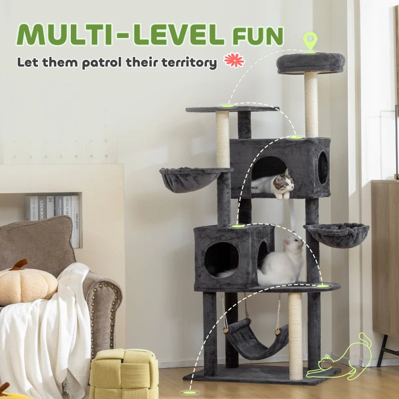 66 Inch Large Cat Tree with 2 Door Condos, 3 Big Hammocks, Plush Top Perch, Sisal Scratching Posts, Dark Grey
