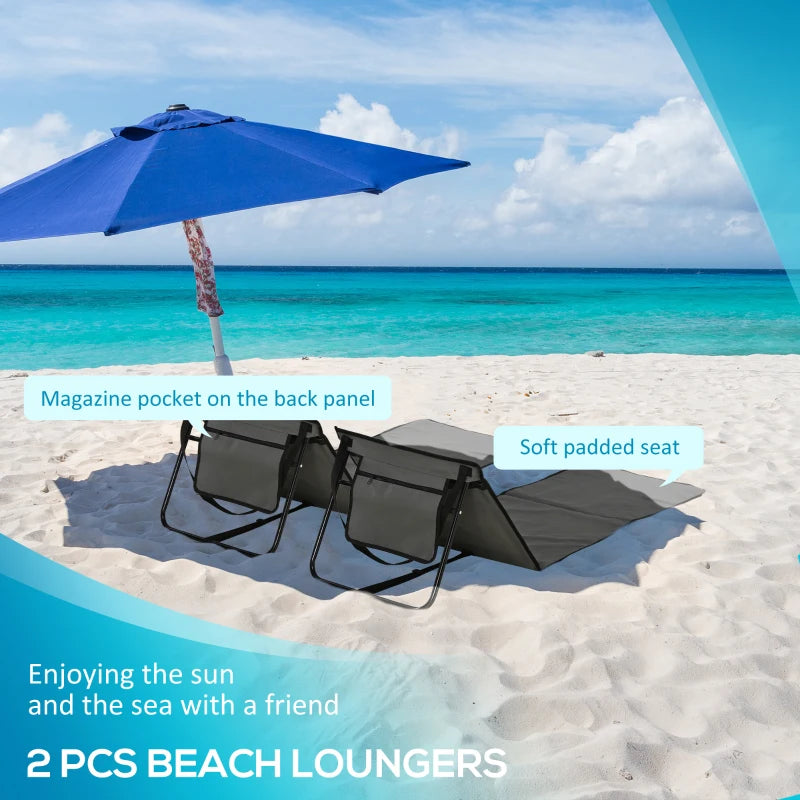 Set of 2 Foldable Lounge Chairs with Carry Bag, Adjustable Backrest, Grey