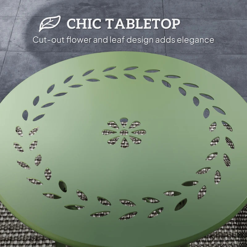 15.7" Round Garden Table with Floral Cut-Out, Steel Balcony Side Bistro Coffee Table with Adjustable Feet, Green
