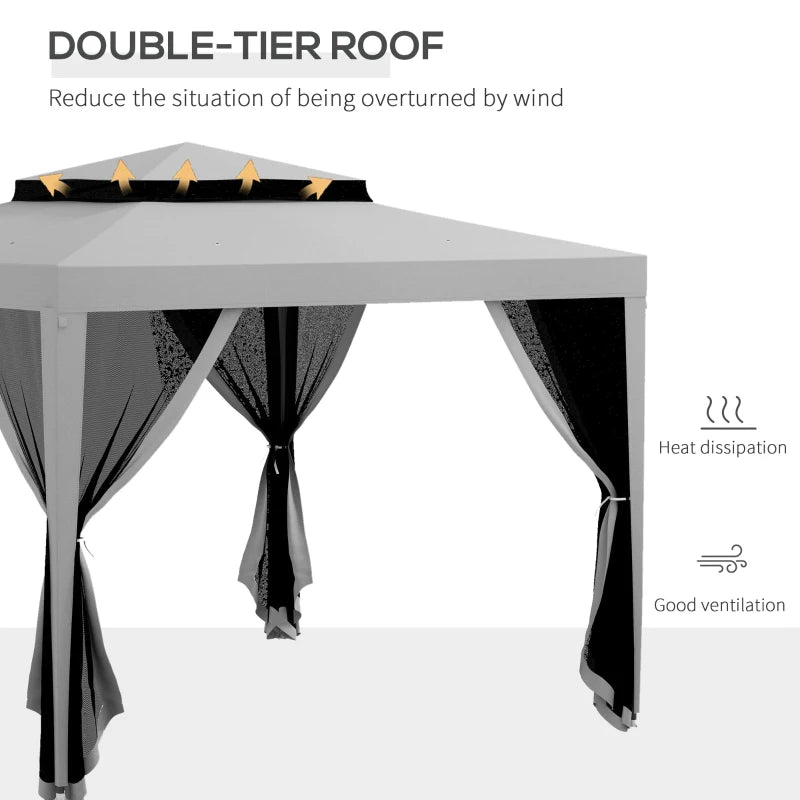 10' x 10' Outdoor Canopy Tent Party Tent with Mesh Netting and Double Tier Roof for Backyard, Garden, Patio, Grey