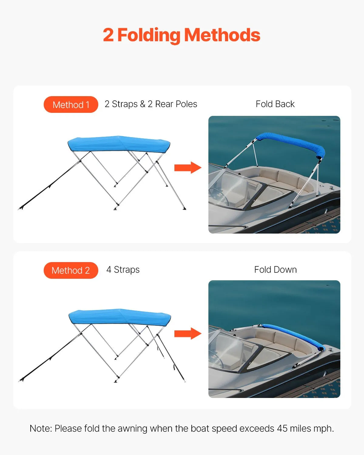 VEVOR 3 Bow Boat Bimini Tops 72"Lx(73"-78")W x 46"H Awning Canopy Pacific Blue