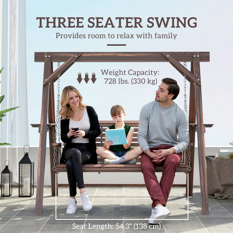 3 Seat Wooden Porch Swing with Stand, Patio Swing with Side Tables, for Garden, Poolside, Backyard, Carbonized Brown