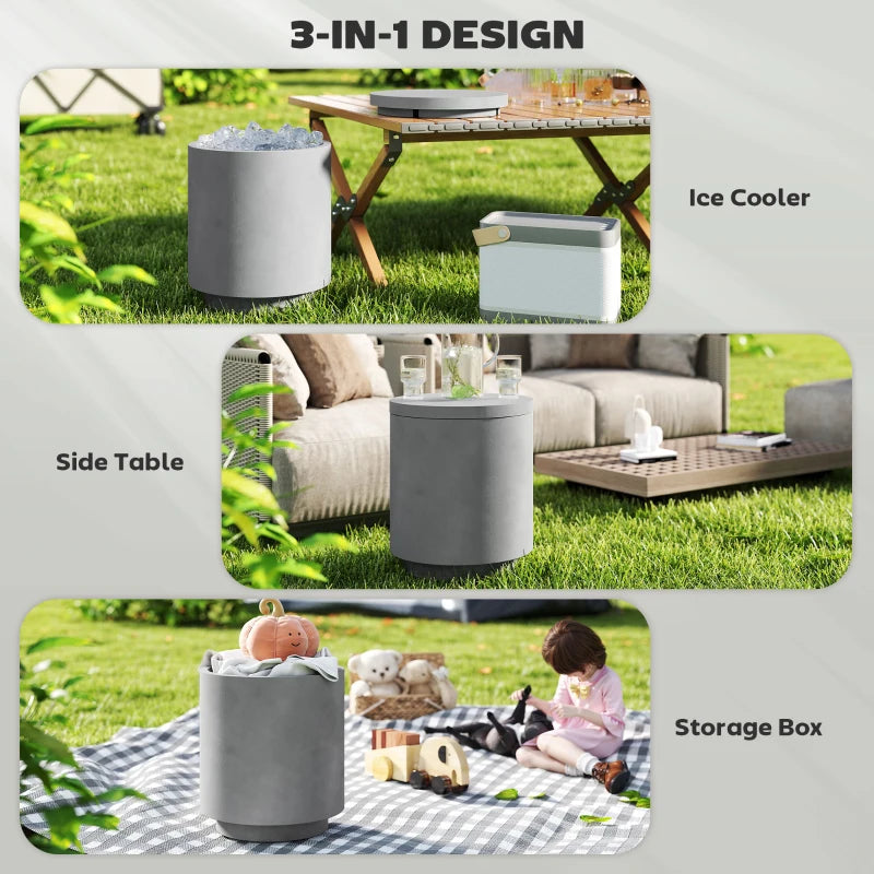 2.6 Gal Outdoor Side Table, 3-In-1 Concrete Cooler Bar Table with Storage, Removable Ice Bucket and Lid, Light Grey