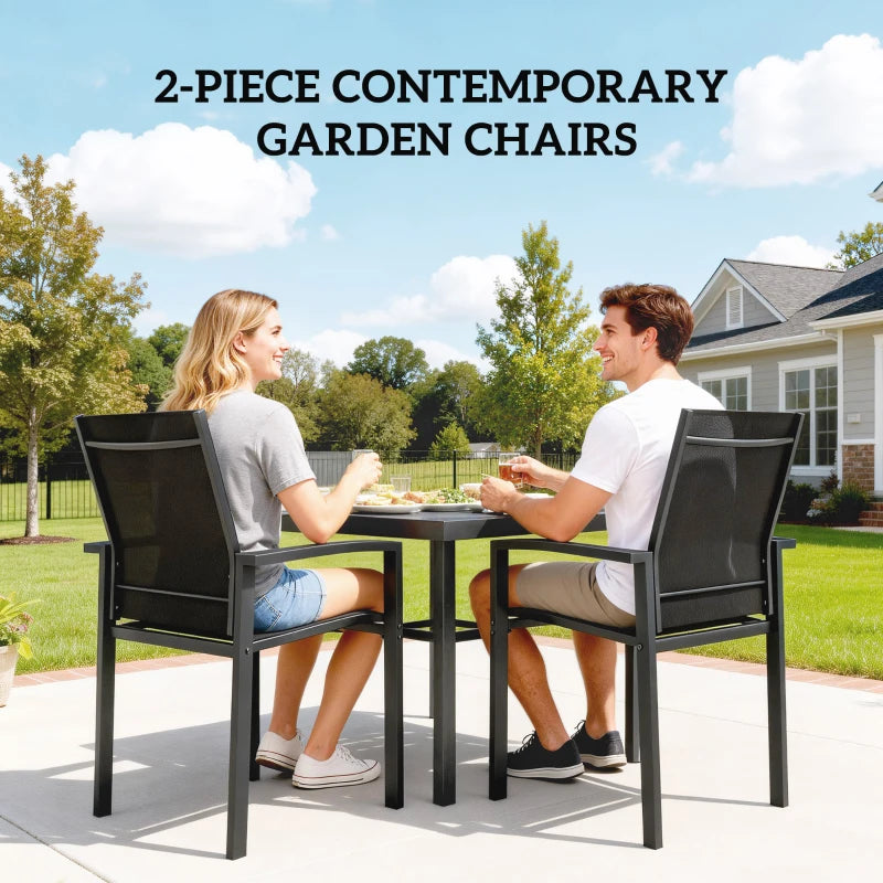 Set of 2 Outdoor Garden Chairs, Stackable Patio Dining Chairs with Breathable Fabric, Armrests and Backrest, Black