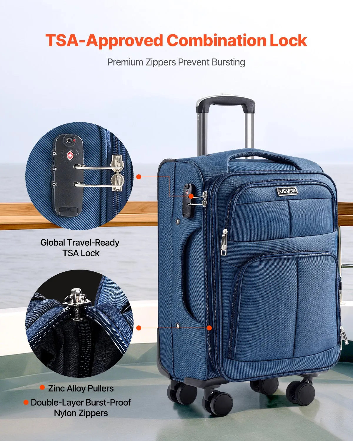 VEVOR 20" Softside Expandable Luggage with Spinner Wheels Carry on Suitcase Blue