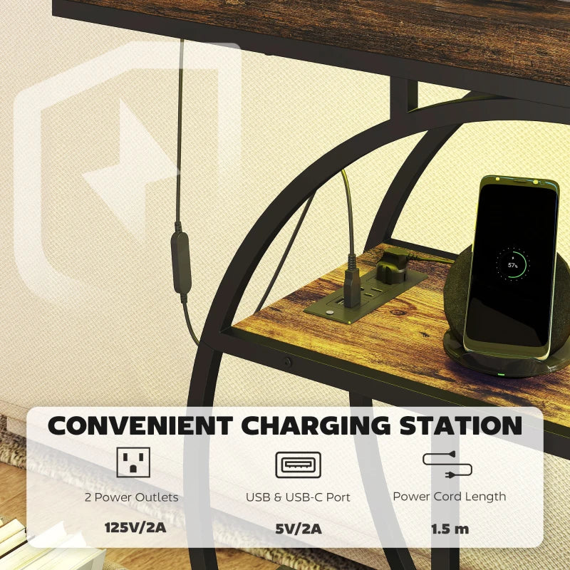 4-Tier Entryway Table with Charging Station LED Lights 39" Console Table with Circle Base for Living Room, Rustic Brown