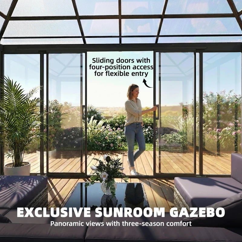 10' x 14' Outdoor Hardtop Gazebo, Aluminum Sun Room Solarium with Sliding Doors, Double Roof Patio Gazebo, Dark Grey