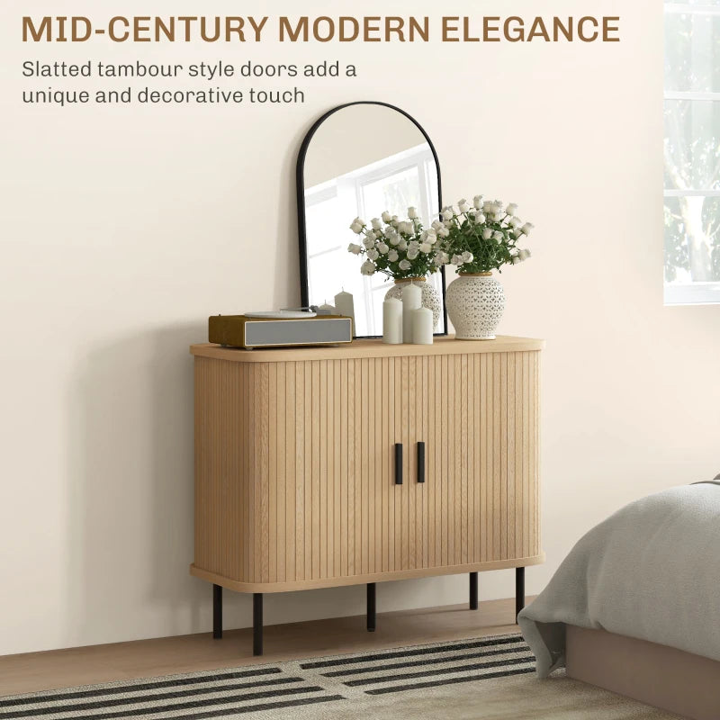 35.4" Sideboard Buffet Cabinet with Storage, Nordic Coffee Bar Cabinet with Slatted Tambour Doors and Metal Legs, Oak
