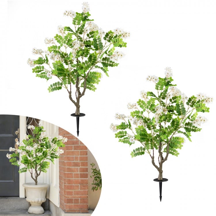 2 Pack Artificial Locust Flower Trees 39 Inch Fake Evergreen Shrubs with Ground Spikes-White