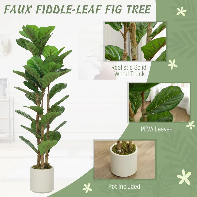4FT Artificial Fiddle Leaf Fig Tree, Fake Potted Tree with Solid Wood Trunks and Lifelike Leaves for Indoor Decor, Green