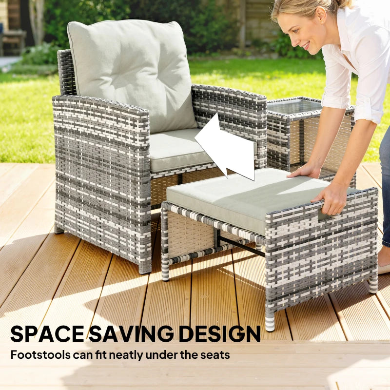 5 Piece Patio Furniture Set, Wicker Patio Chairs with Ottomans, 2-Tier Glass Coffee Table and Cushions, Grey/Cream White