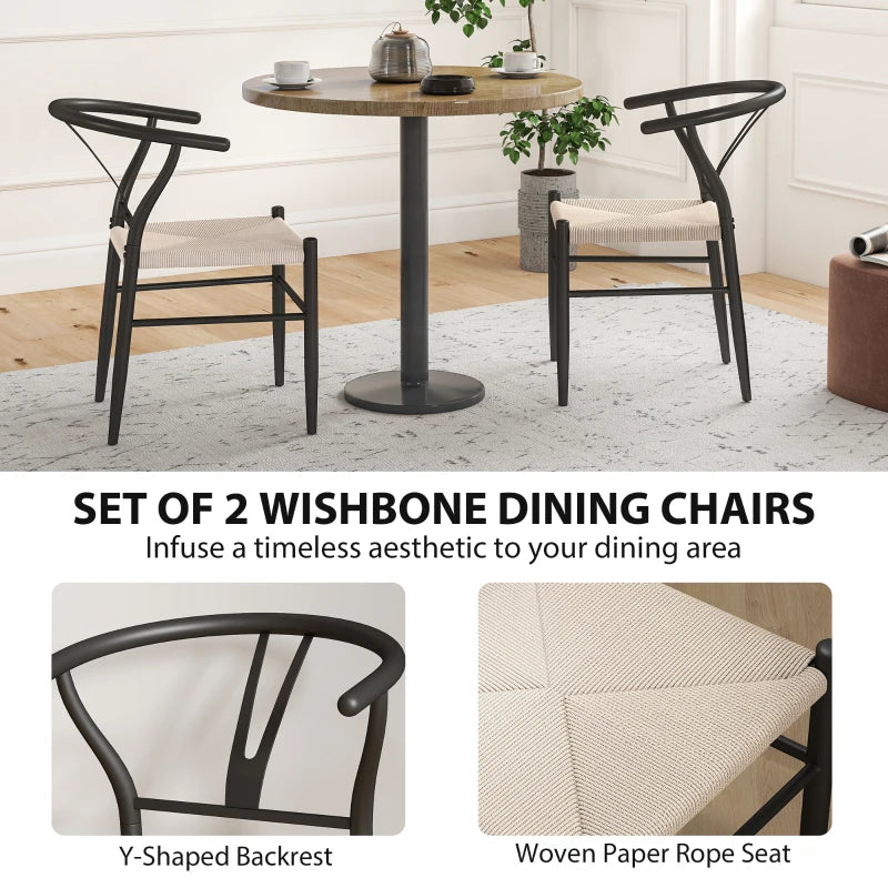 Set of 2 Weave Dining Chairs, Mid-Century Modern Dining Room Chairs with Y-Shaped Backrest and Hemp Seat, Black