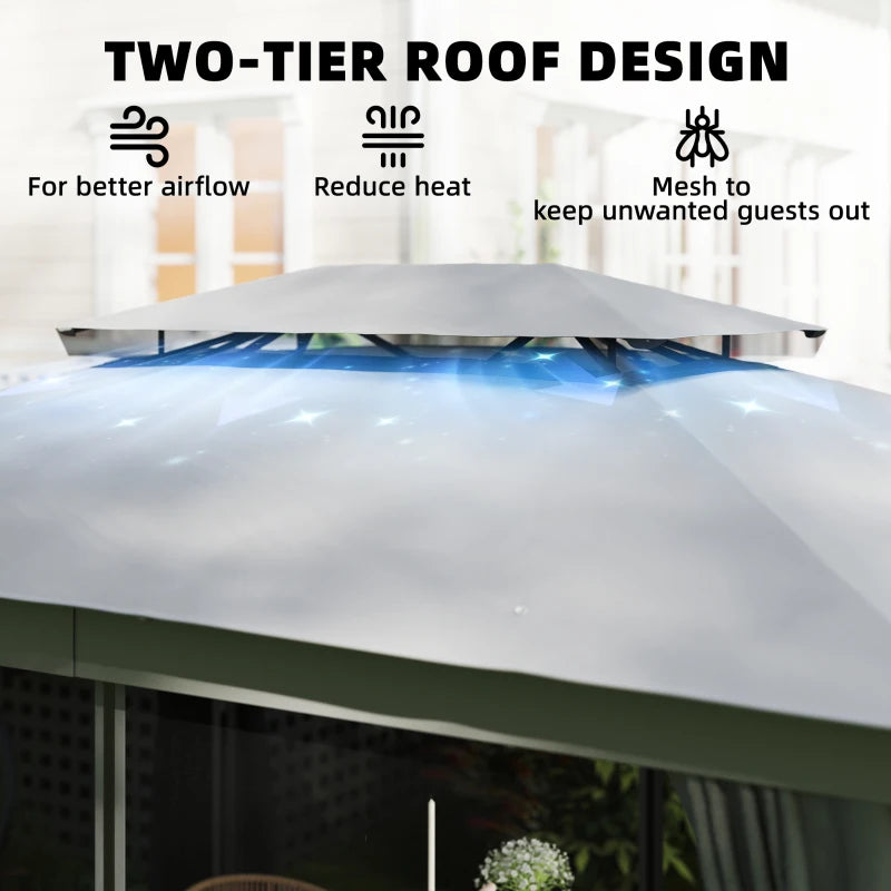 10' x 12.5' Outdoor Gazebo with Curtains and Netting, Double Roof Metal Patio Gazebo Canopy Shelter with Hook, Dark Grey